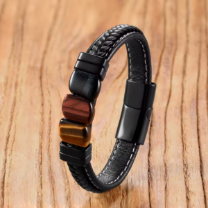 Natural Stone Bracelet with Braided Leather Cord gift for Men